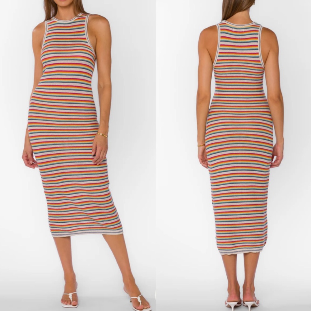 Velvet Heart Raylene Sunny Stripe rainbow linen crochet mesh midi dress size XS